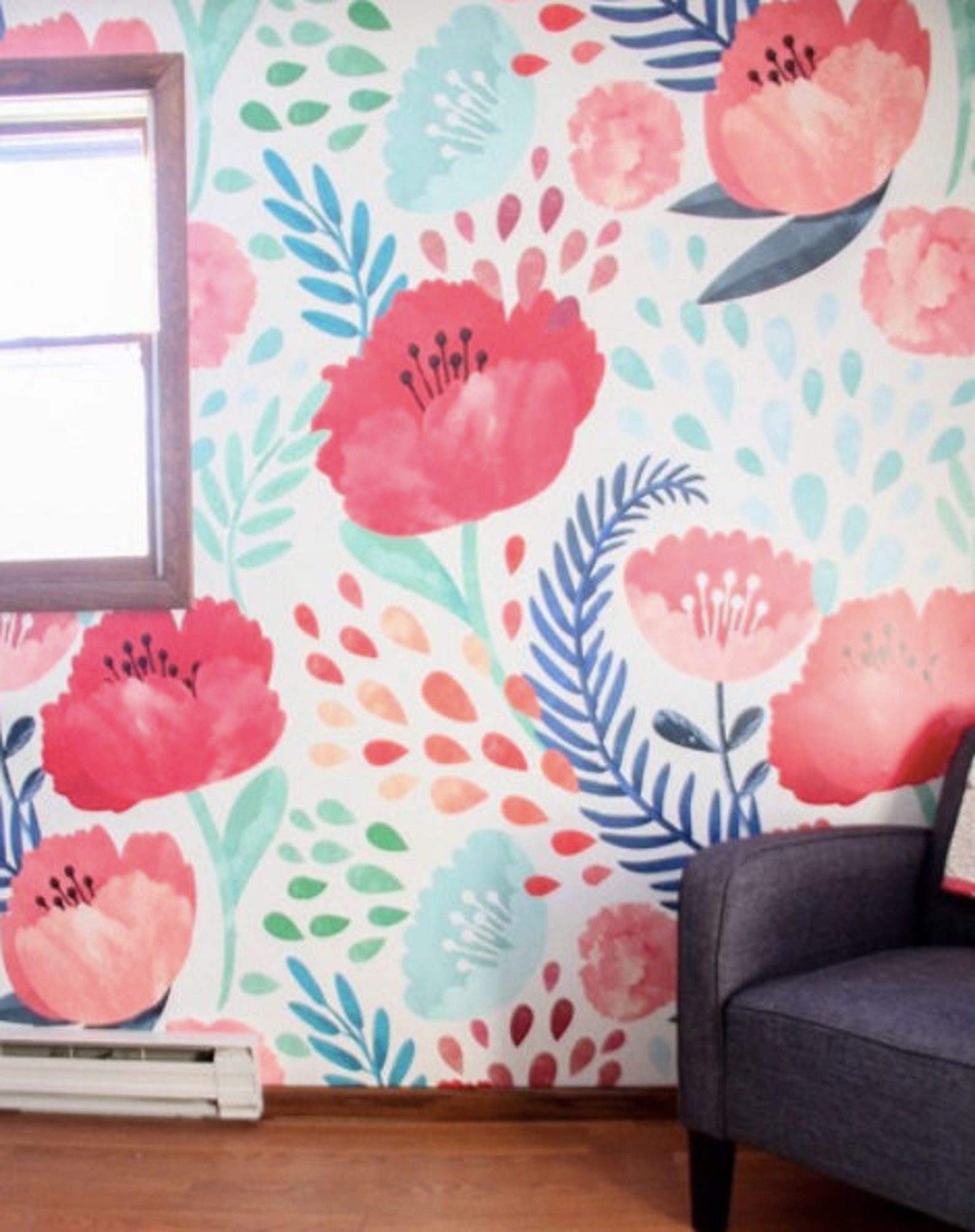 Crimson Poppy Wallpaper Floral Wallpaper Pink - Etsy