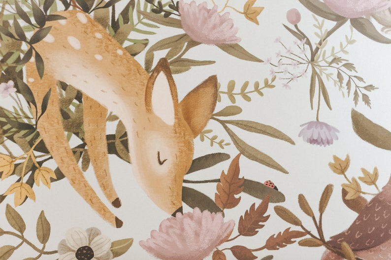 OH Deer Wallpaper Light Forest Bunny Scene Mural Floral Nursery Wallpaper image 4