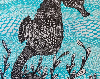 Cayman Seahorse Zentangle Drawing, 11x14 print