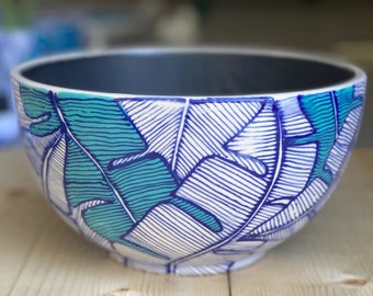 Custom Order - Big Cereal Bowl, Palm Pattern, Blue