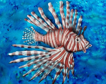 Cayman Lionfish Drawing and Watercolor painting, 8x10 print