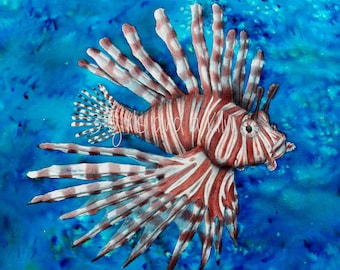 Cayman Lionfish Drawing and Watercolor painting, 8x10 print