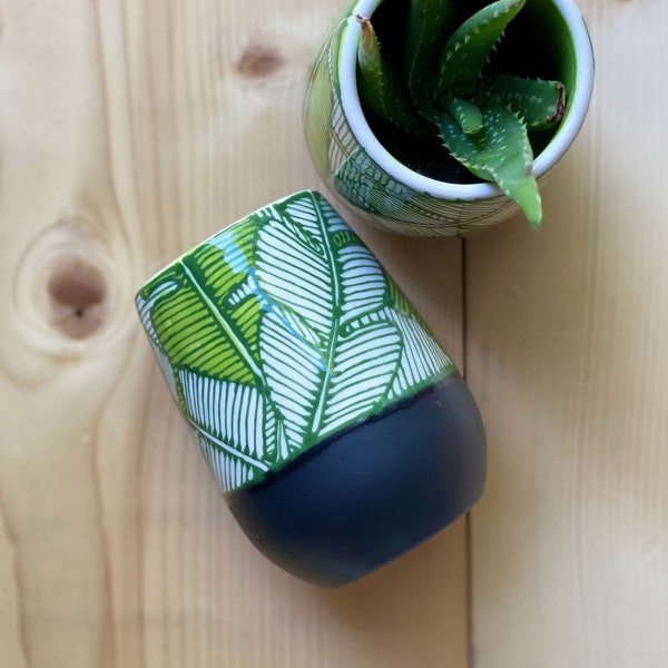 Stemless Wine Glass or Small Aloe Planter - Green Palm Tree Pattern