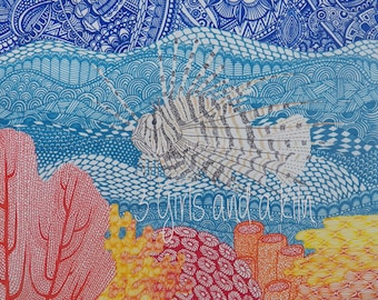 Cayman Lionfish Zentangle Drawing, 11x14 print