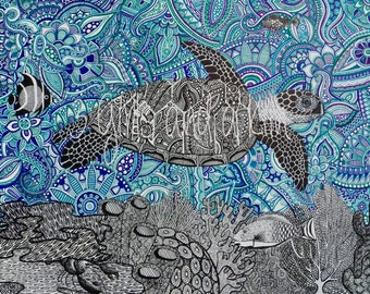 Cayman Sea Turtle Zentangle Drawing, 8x10 print