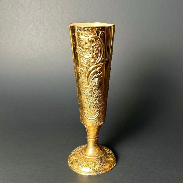 Vintage Gold Colored Metal Floral Vase with Plastic Insert for Live or Dried Floral Arrangements - Crooked from Some Angles