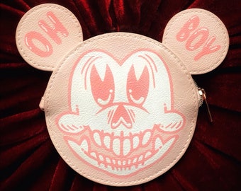 Handpainted Baby Pink Cartoon Mouse Skeleton Wallet with Rose Gold Zipper