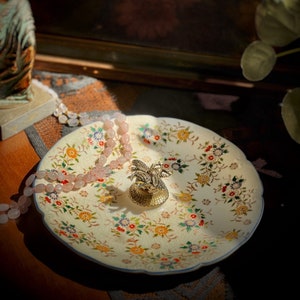 One of a Kind Altered Vintage Hand Painted Plate - Made in Japan - With Brass Bee Knob - Jewelry/Catchall/Offering Dish