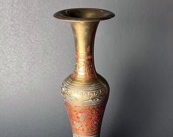 Brass Etched Vase w/ Blue and Red