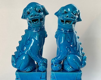 Pair of Chinese Foo Dog Figures 10 Inches Tall in Turquoise Blue - Porcelain