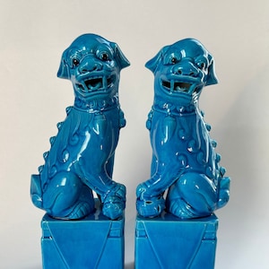 Pair of Chinese Foo Dog Figures 10 Inches Tall in Turquoise Blue - Porcelain