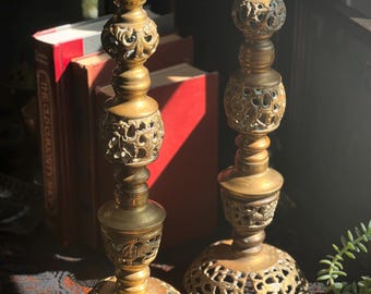 Vintage Brass Filigree Candle Holders, Patina Finish, Pair