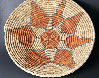 Woven Raffia  Basket with Sun Motif in Orange and Green