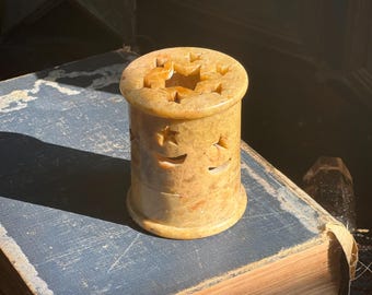 Moon and Star Soapstone Carved Vessel/Incense Burner with Lid
