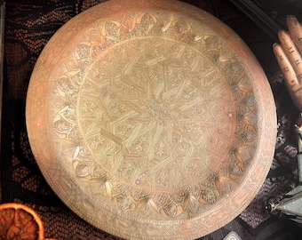 Large Brass Decorative Stamped Plate with Intricate Designs 