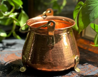 Brass and Hammered Copper 3 Legged Cauldron with Handle