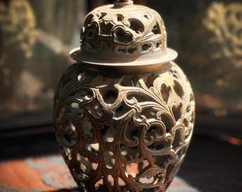 Vintage Brass Ornate Cut-Out Urn with Lid