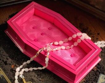 ONE OF a KIND - Handmade Miniature Wood Coffin Jewelry Holder in Pink with Cushion Insert