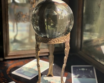 Tall Brass Crystal Ball Stand with Floral Motif