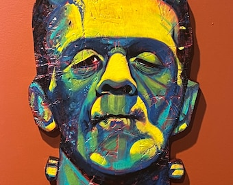 Blue and Green Frankenstein('s Monster) Hand Painted on Wood