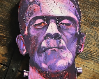 Pink and Purple Frankenstein('s Monster) Hand Painted on Wood