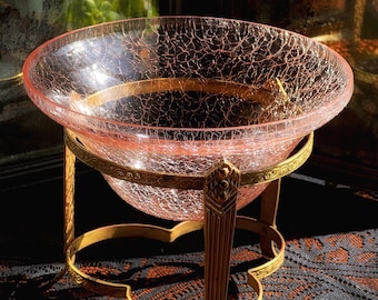 1960s Vintage Pink Crackled Glass Bowl with Brass Stand