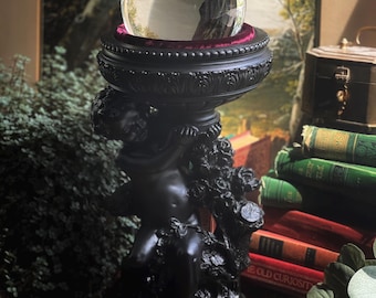 Large Matte Black Cupid Crystal Ball Holder with Red Velvet Interior