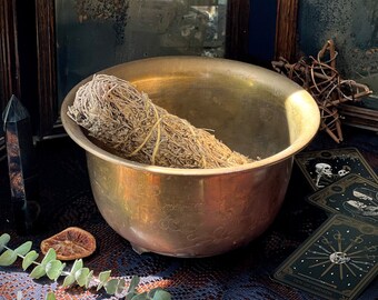 Brass Three Legged Deep Cauldron with Etched  Scene of Bird and Greenery on Each Side