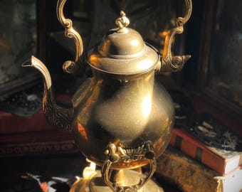 Vintage Ornate Brass Tipping Tea Pot Kettle with Built in Heating