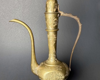 Vintage Brass Ewer – Small Aftaba Pitcher with Floral Etching, India