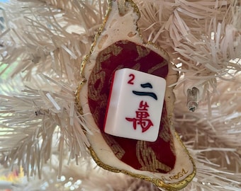 Decoupage Shell Ornament, Mahjong Tile Decor, Beach Theme Keepsake