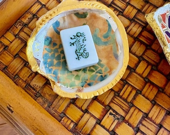 Mahjong Tile Decoupage Shell Ring Dish: Beach Theme Trinket Holder