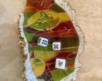 Decoupage Shell Trinket Dish, Asian Kimono Fabric, Mahjong Dice Dish