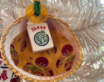 Mahjong Tile Decoupage Shell Ornament, Beach Theme Keepsake