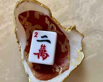 Mahjong Tile Decoupage Shell Ring Dish: Gold Accent Trinket Holder