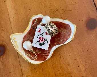 Mahjong Decoupage Shell Ring Dish, Shells, Decoupaged Shells, Shell Trinket Jewelry Dish, Shell Jewelry Holder, Trinket Dish, Mahjong Tile