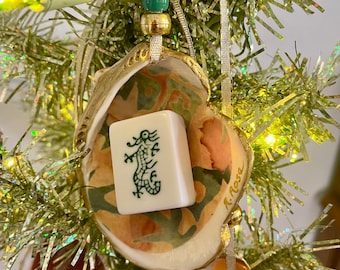 Mahjong Tile Shell Ornament: Decoupage Beach Theme Keepsake