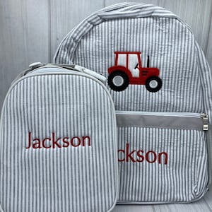 Personalized Seersucker Backpack, Tractor Backpacks, Seersucker Toddler Backpack, Preschool Book Bag, Boy Diaper Bag