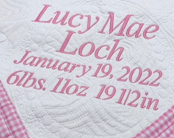 Personalized baby quilt blanket, Embroidered baby quilt blanket, Monogrammed birth stat baby blanket, Baby shower gift, Baby quilt blanket