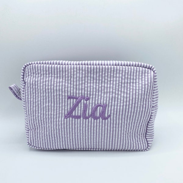 Personalized Seersucker Cosmetic Bag, Personalized Travel Toiletry Bag, Monogrammed Toiletry Bag, Personalized Seersucker Pouch