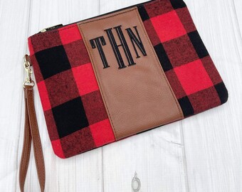 Monogrammed Red Buffalo Check Wristlet, Personalized Red Buffalo Wristlet, Bridesmaids Gift, Monogrammed Clutch Wallet