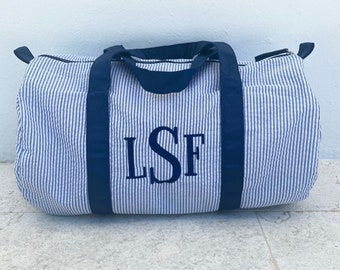 Personalized Baby Duffle Bag, Monogrammed Baby Gifts , Monogram Seersucker Duffel, Personalized seersucker duffel bag, Seersucker travel bag