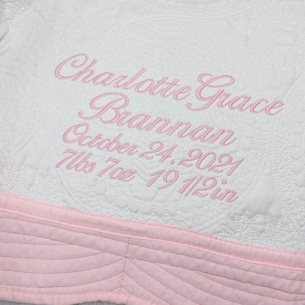 Personalized baby blanket, Embroidered baby quilt blanket, Monogrammed birth stat baby blanket, Baby shower gift, Baby girl quilt blanket
