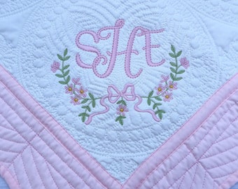 Personalized baby blanket, Embroidered Girly Bow baby quilt blanket, Monogrammed baby girl blanket, Baby shower gift