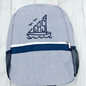 Monogrammed Baby Backpacks, Personalized Toddler Backpacks, Seersucker Backpack, Preschool Book Bag, Toddler School Bag, Sailboat Backpack