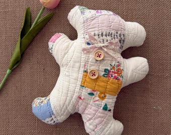 Teddy bear made with vintage quilt