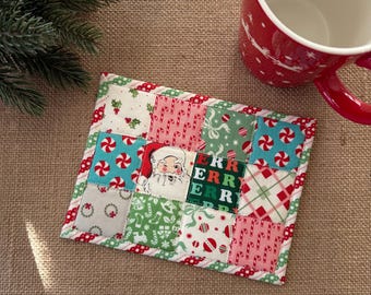 Christmas Patchwork Mug Rug, Handmade Quilted Coaster