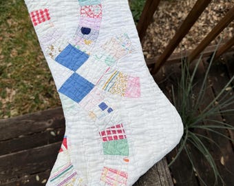 Vintage Quilt Christmas Stocking, Handmade Holiday Decor