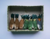 Set of 7 vintage spun cotton wire & feather bird decorations in original box - Taiwan,  tropical / garden birds, Christmas tree, crafts