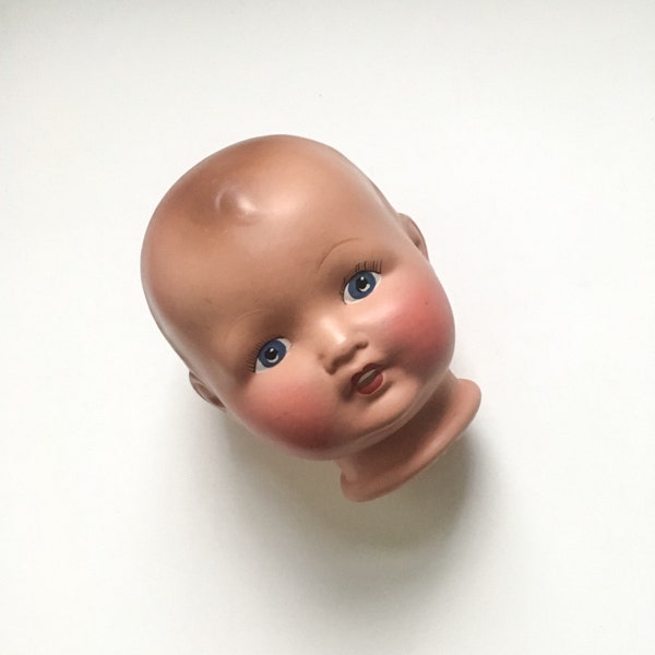 Large antique bisque baby doll head - pottery, china, hand painted, creepy, salvage, doll making, display, prop, blond, blue eyes